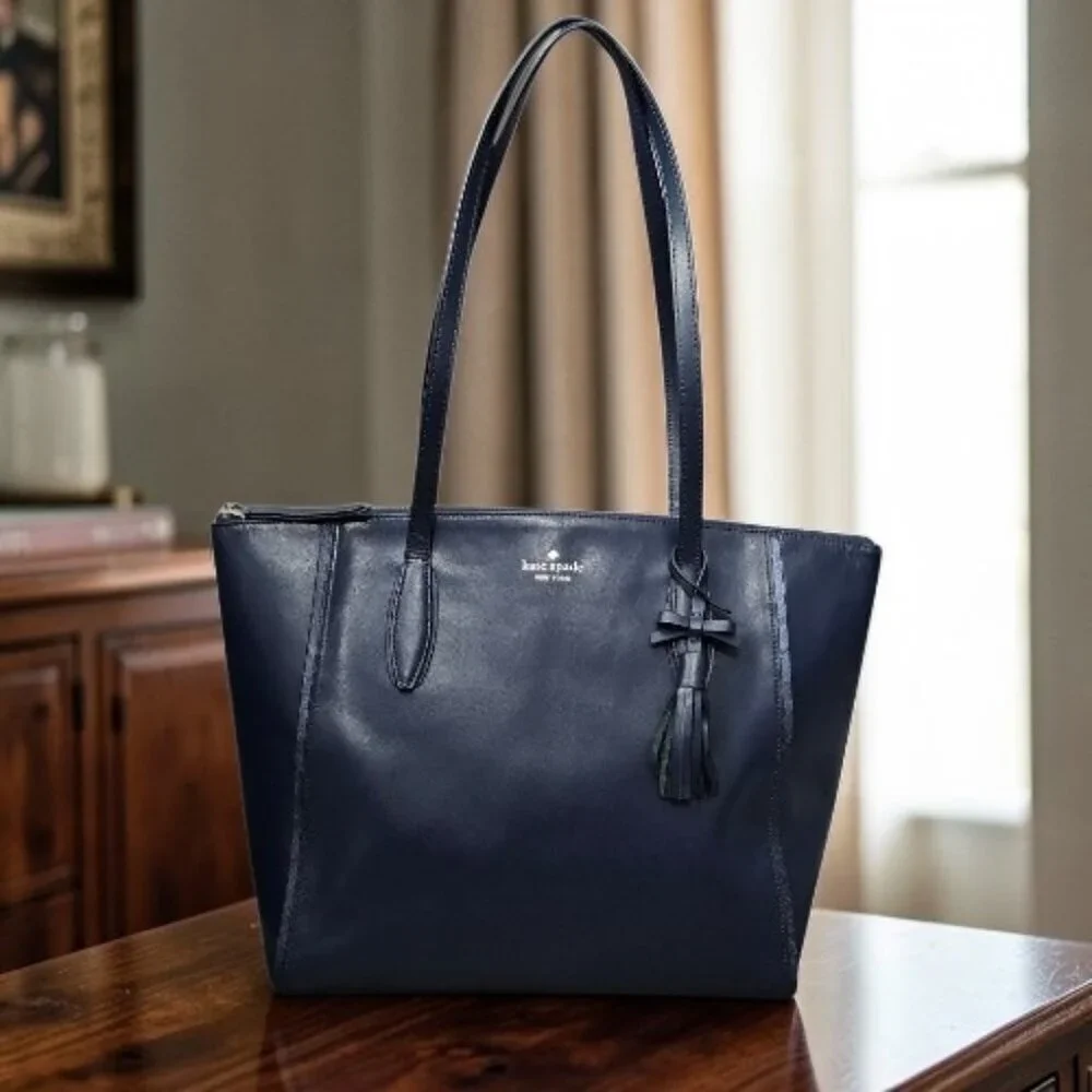 Kate Spade New York Kali Smooth Leather Tassel Zip Tote Shoulder Bag Navy COA